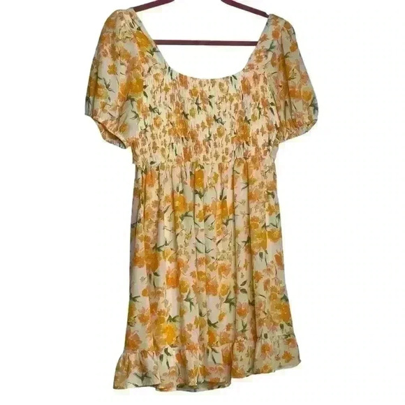 Sienna Sky Tangerine,  floral, scoop neck to tie, flowy, Mini Dress. Size Medium - Picture 6 of 8